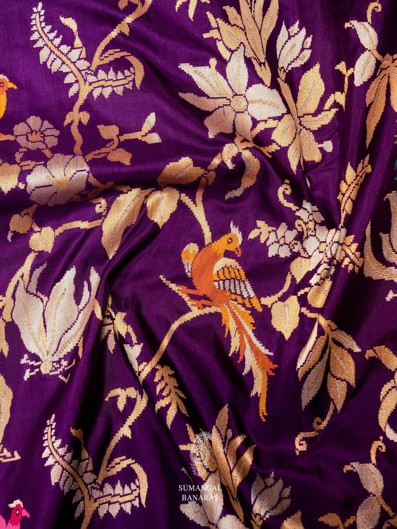 Handwoven Dark Purple Katan Silk Meenakari Jaal Saree
