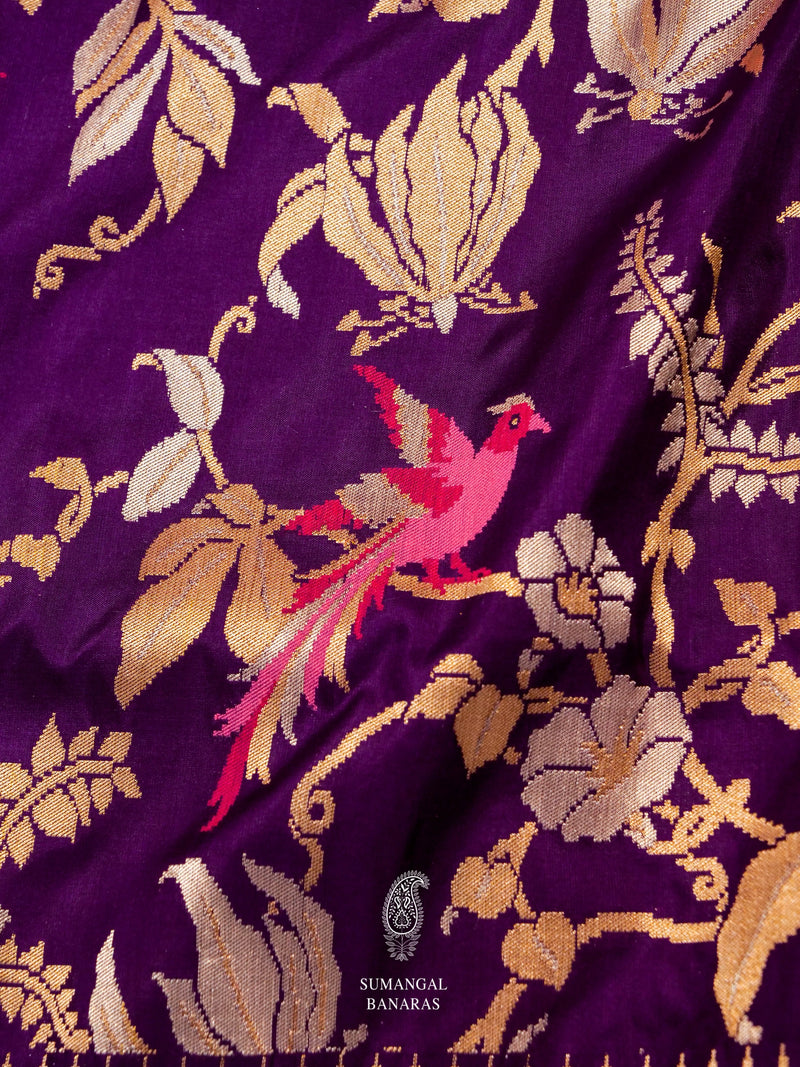 Handwoven Dark Purple Katan Silk Meenakari Jaal Saree
