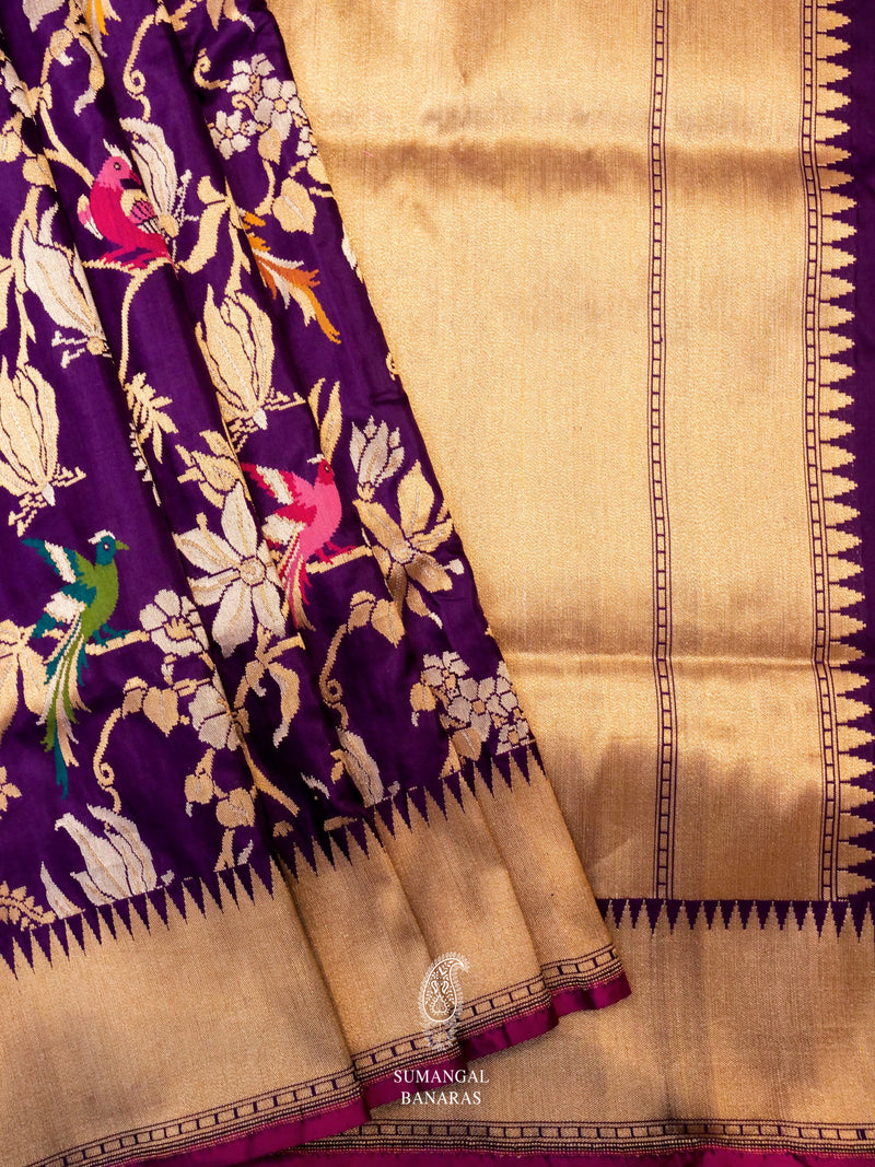 Handwoven Dark Purple Katan Silk Meenakari Jaal Saree