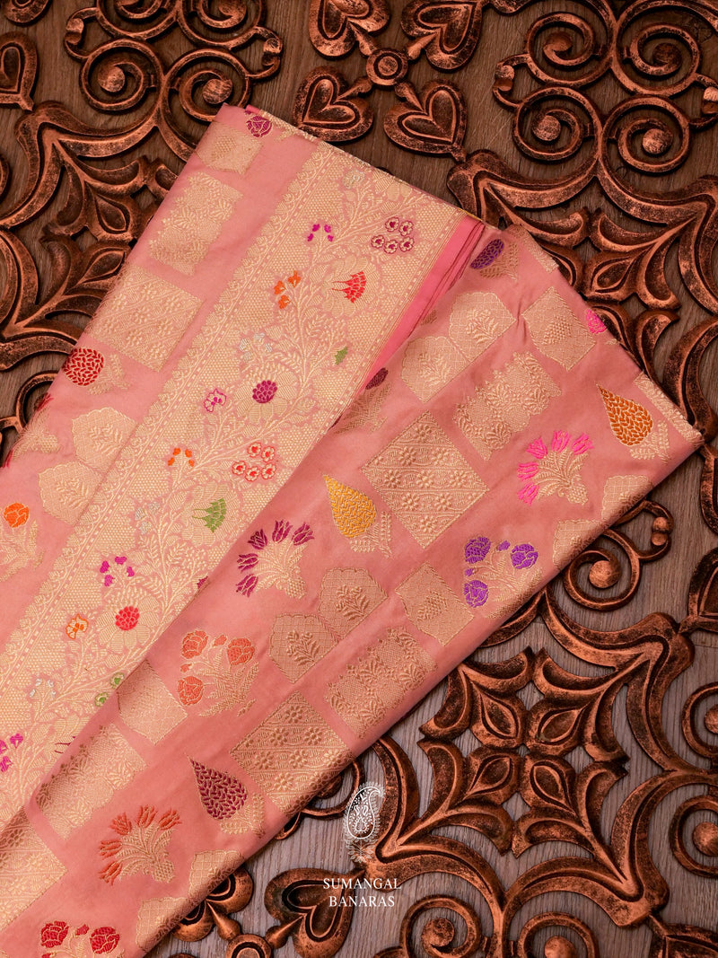 Handwoven Peach Katan Silk Meenakari Jaal Saree