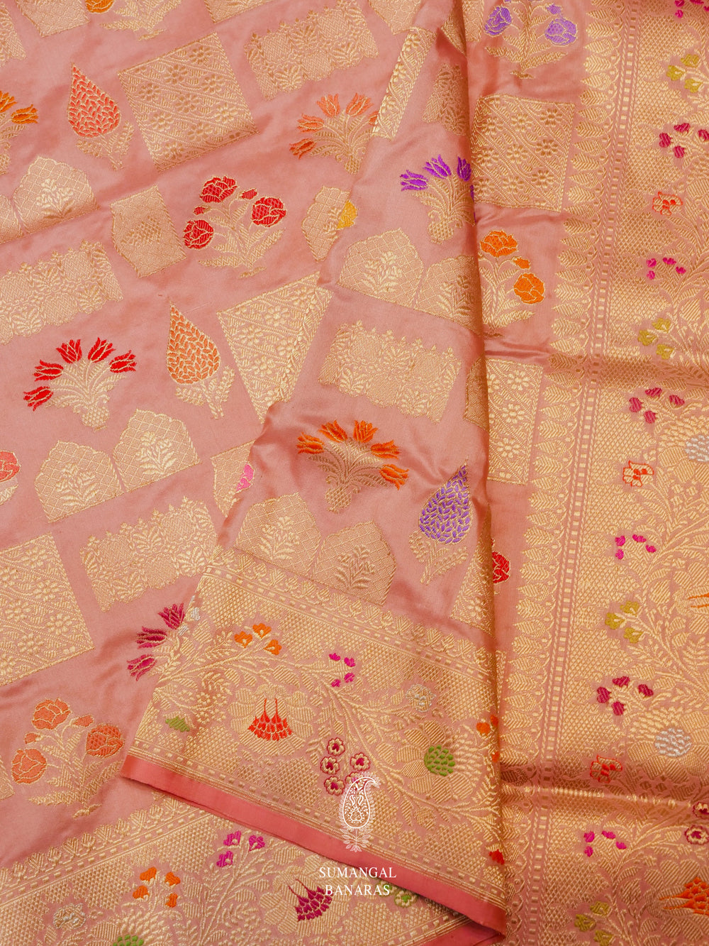 Handwoven Peach Katan Silk Meenakari Jaal Saree
