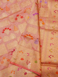 Handwoven Peach Katan Silk Meenakari Jaal Saree