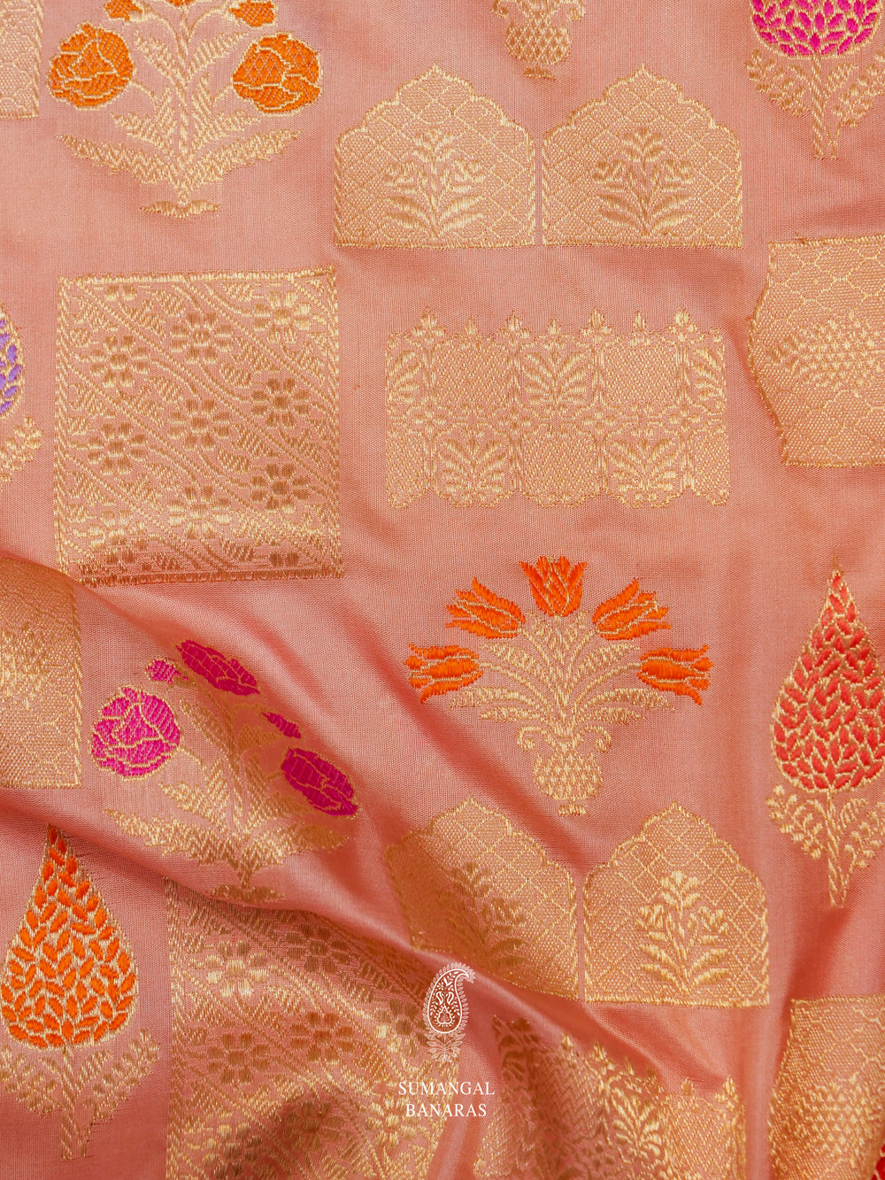 Handwoven Peach Katan Silk Meenakari Jaal Saree