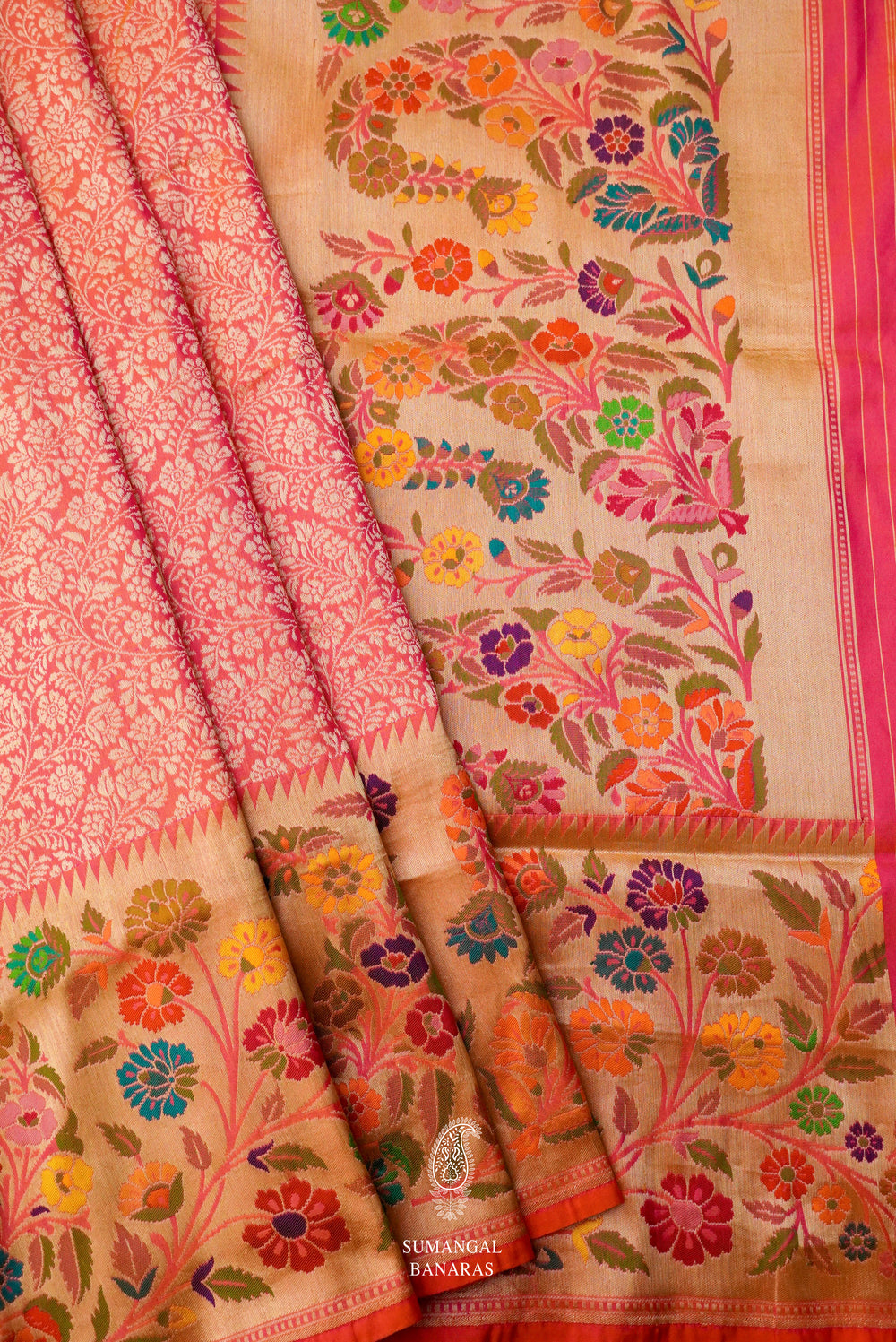 Handwoven Banarsi Peach & Pink Katan Silk  Saree