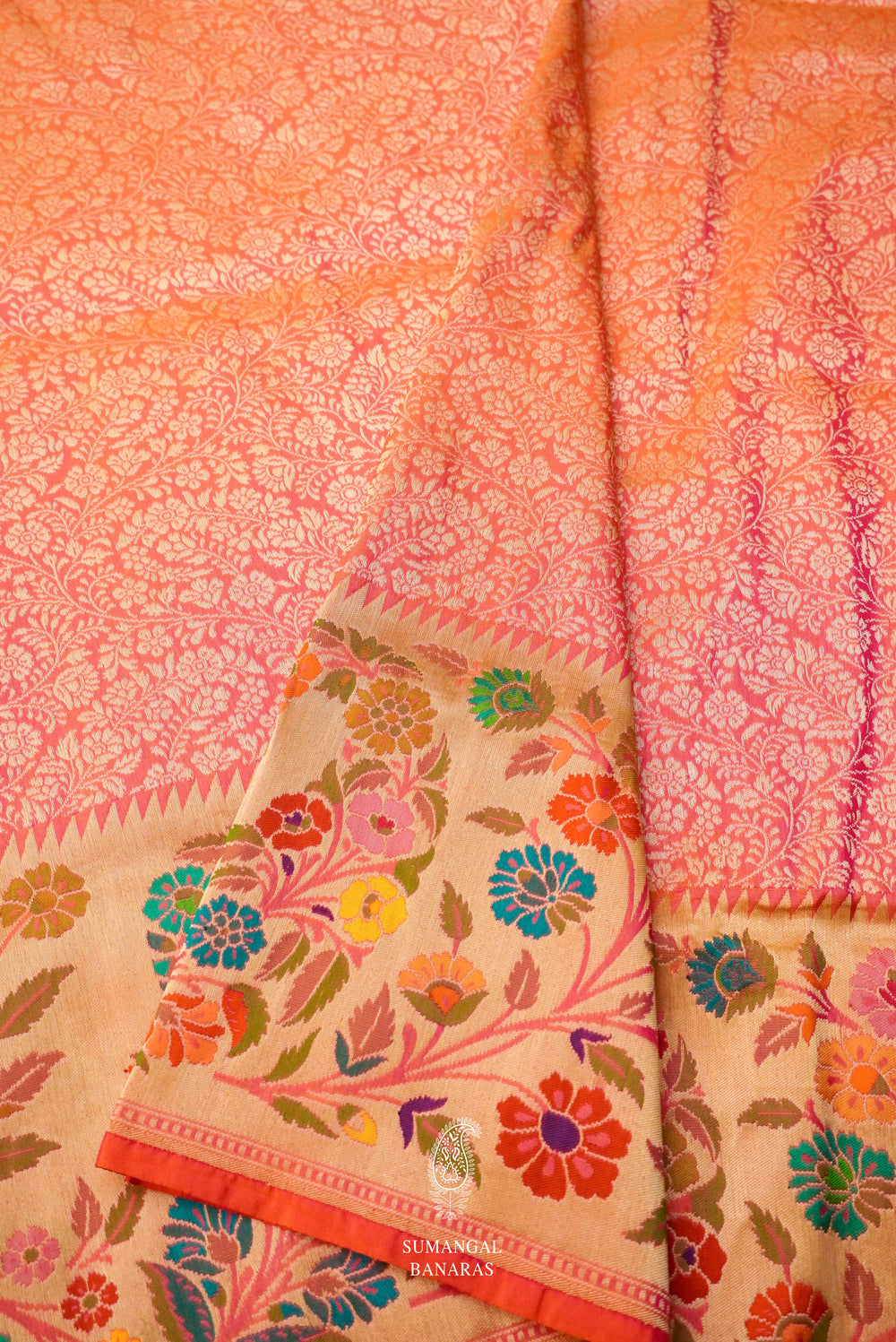 Handwoven Banarsi Peach & Pink Katan Silk  Saree