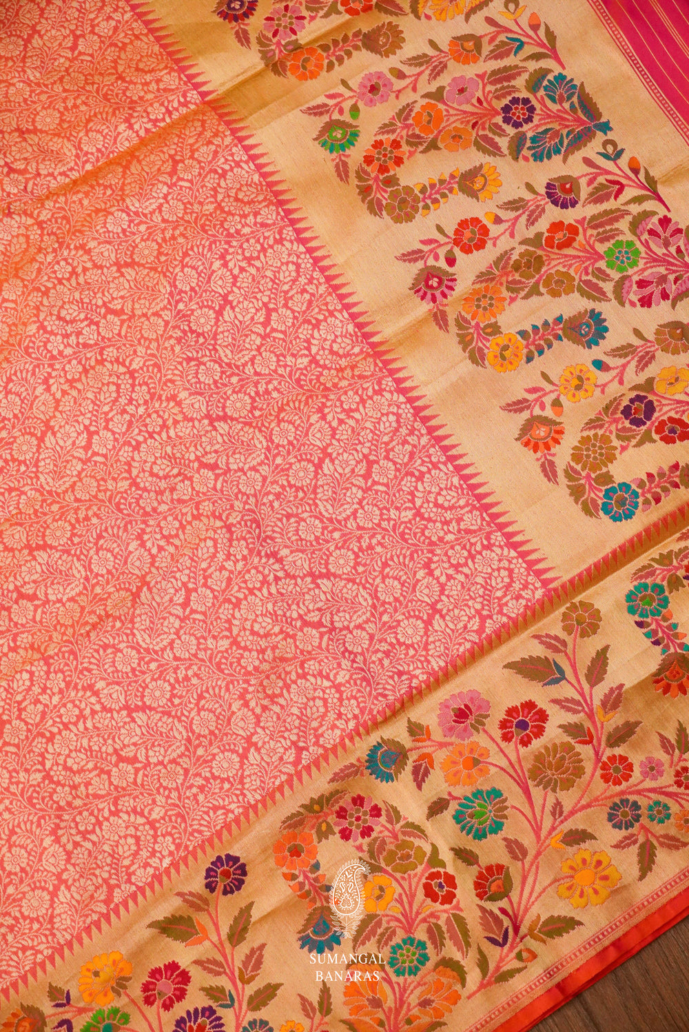 Handwoven Banarsi Peach & Pink Katan Silk  Saree