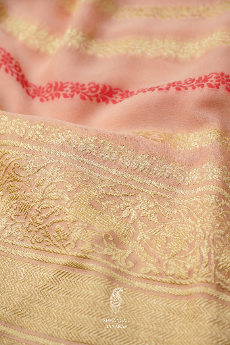 Handwoven Banarsi Peachy Pink Georgette Silk Saree