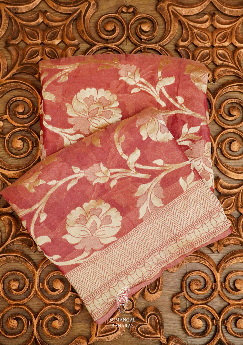 Handwoven Banarsi Pearl Peach Georgette Silk Saree