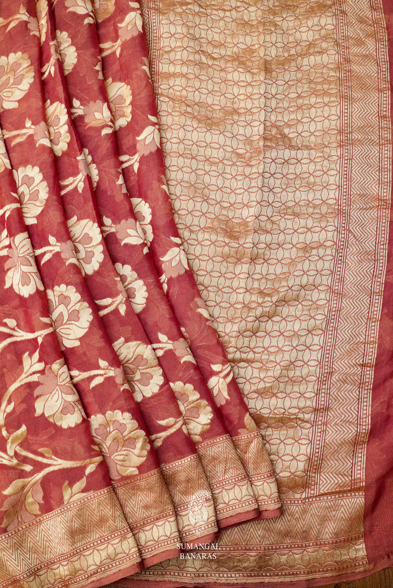 Handwoven Banarsi Pearl Peach Georgette Silk Saree