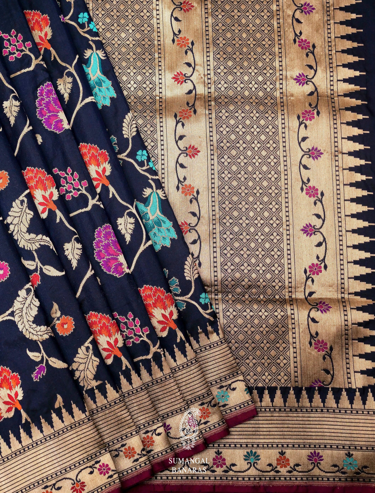 Handwoven Navy Blue Katan Silk Saree