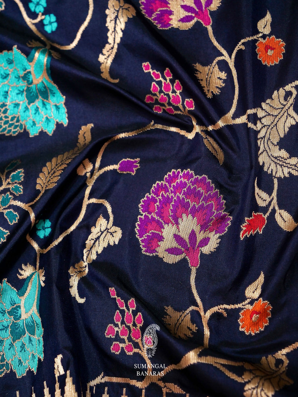 Handwoven Navy Blue Katan Silk Saree