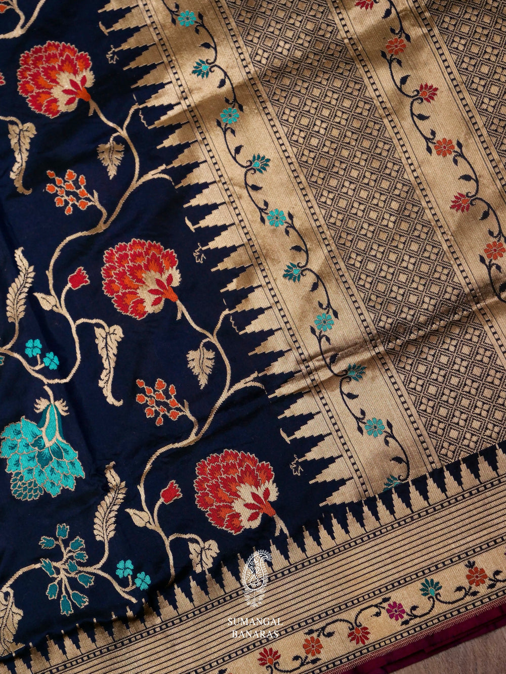 Handwoven Navy Blue Katan Silk Saree