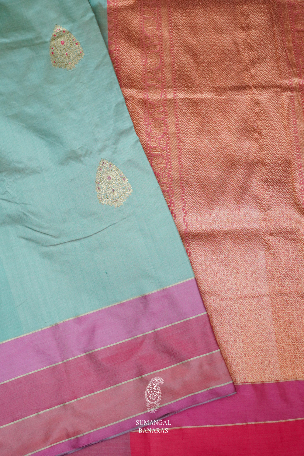 Handwoven Meenakari Mint Blue Katan Silk Saree