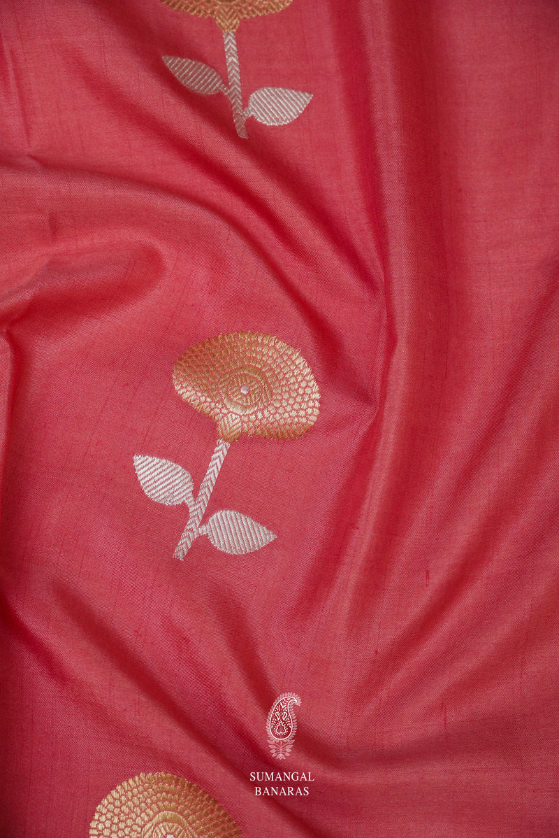 Handwoven Coral-Pink Katan Silk Saree