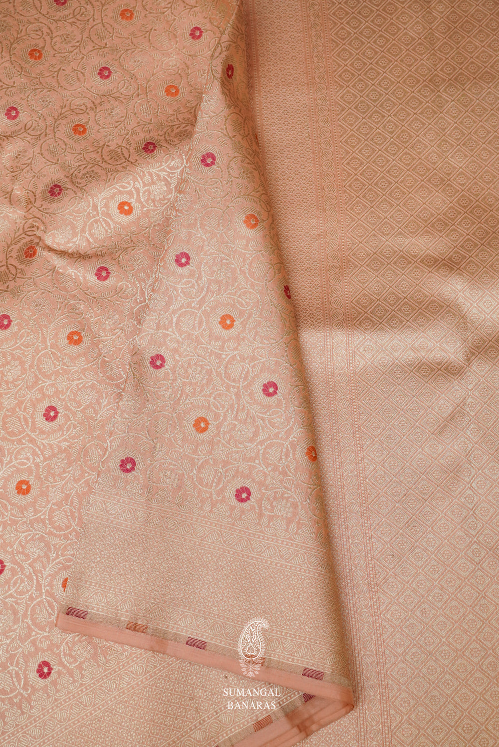 Handwoven Peach Pink Pure Katan Silk Khinkhwab Saree