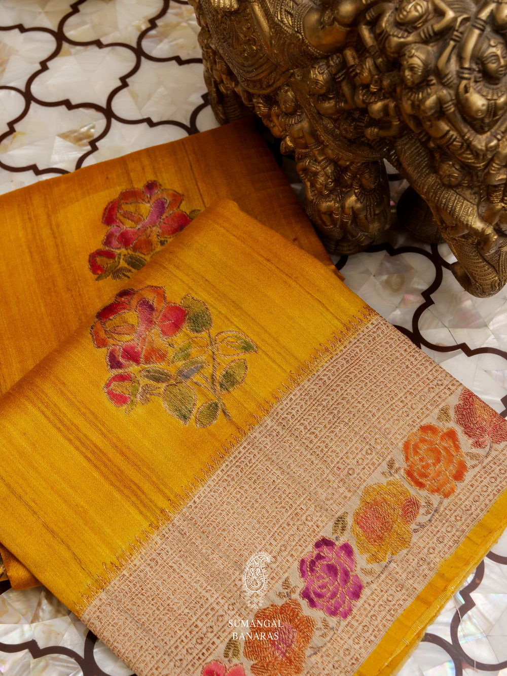 Handwoven Mustard Yellow Tussar Silk Saree
