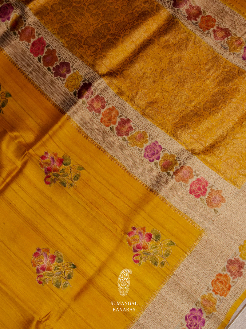 Handwoven Mustard Yellow Tussar Silk Saree