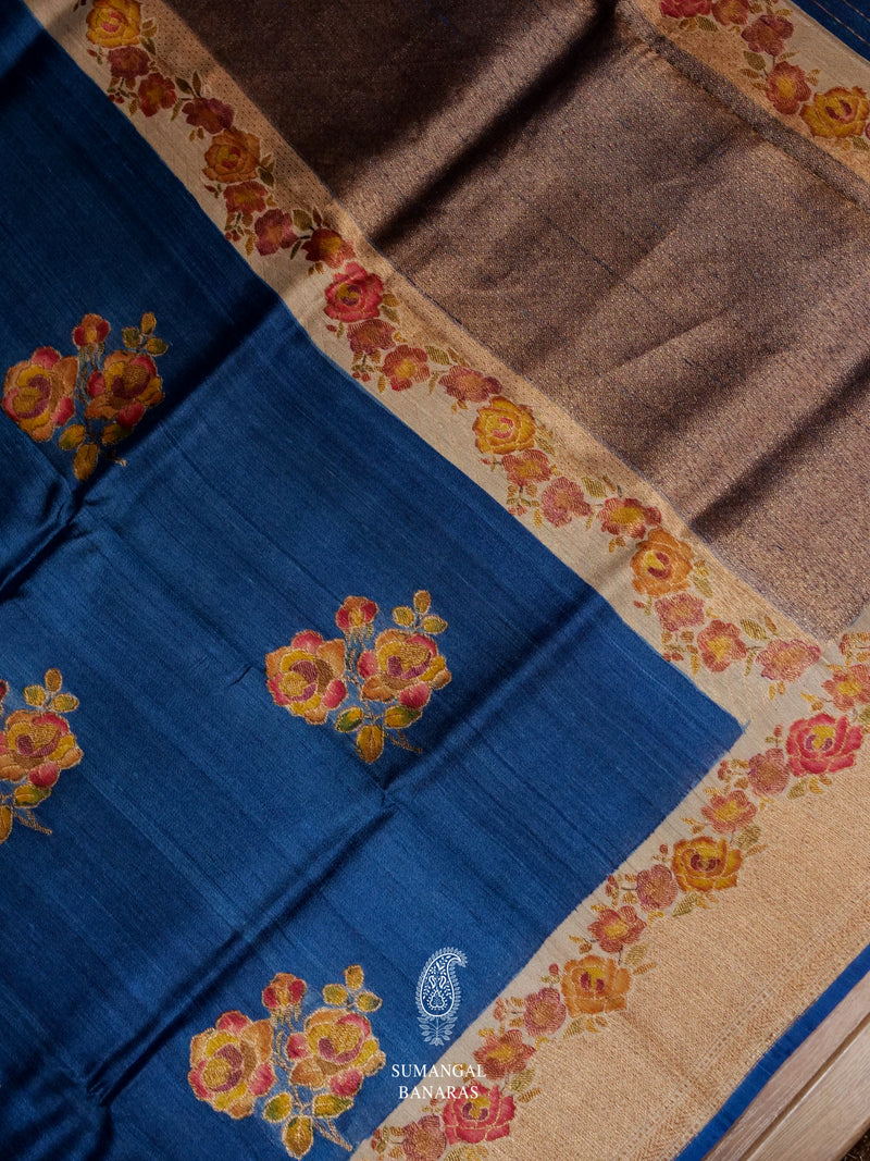 Handwoven Royal Blue Tussar Silk Saree