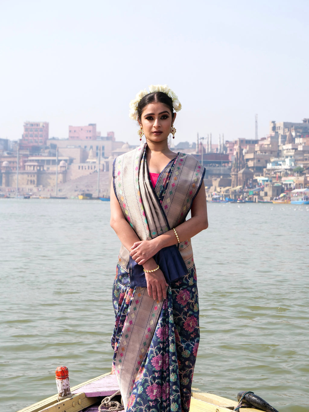 Handwoven Spruce Blue Katan Silk Meenakari Saree