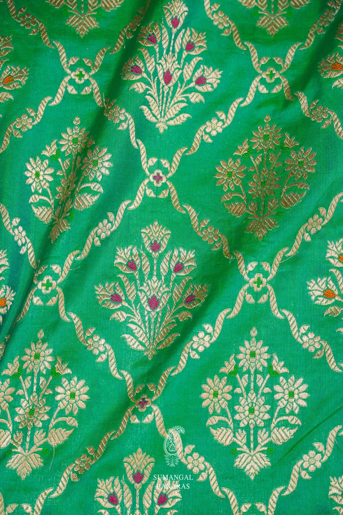 Handwoven Neon Green Katan Silk Meenakari Jaal Saree