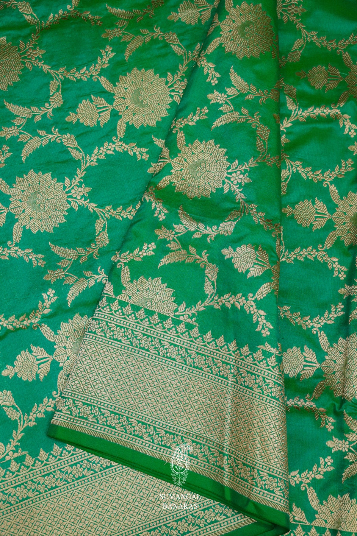 Handwoven Neon Green Katan Silk Jaal Saree
