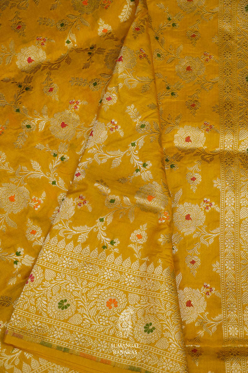 Handwoven Sunflower Yellow Katan Silk Meenakari Jaal Saree