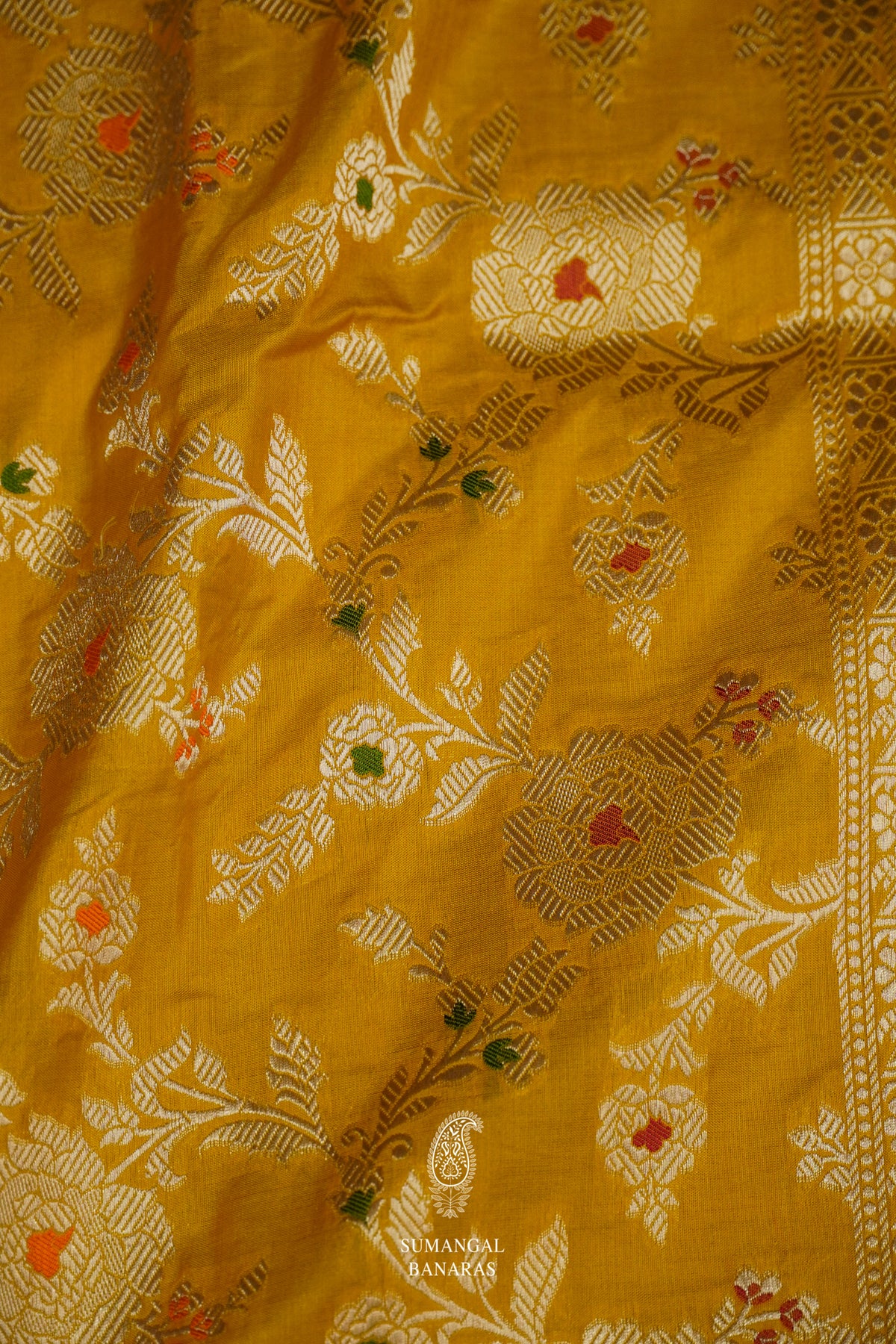 Handwoven Sunflower Yellow Katan Silk Meenakari Jaal Saree