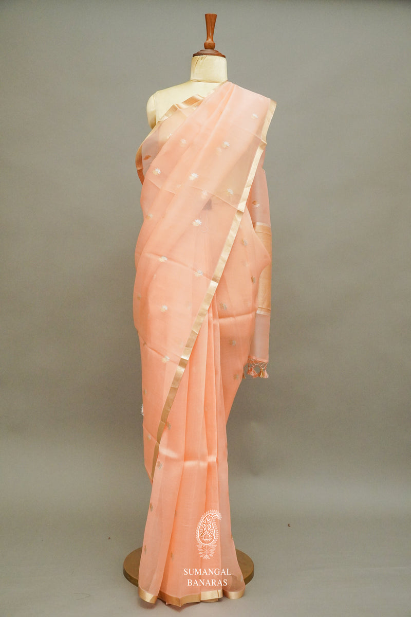 Handwoven Peach Orange Breezy Organza Saree