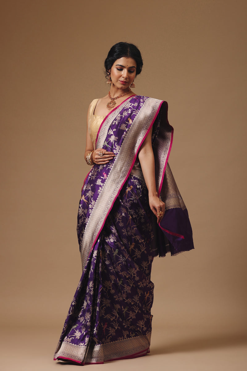 Handwoven Banarasi Meenakari Dark Purple Katan Silk Saree