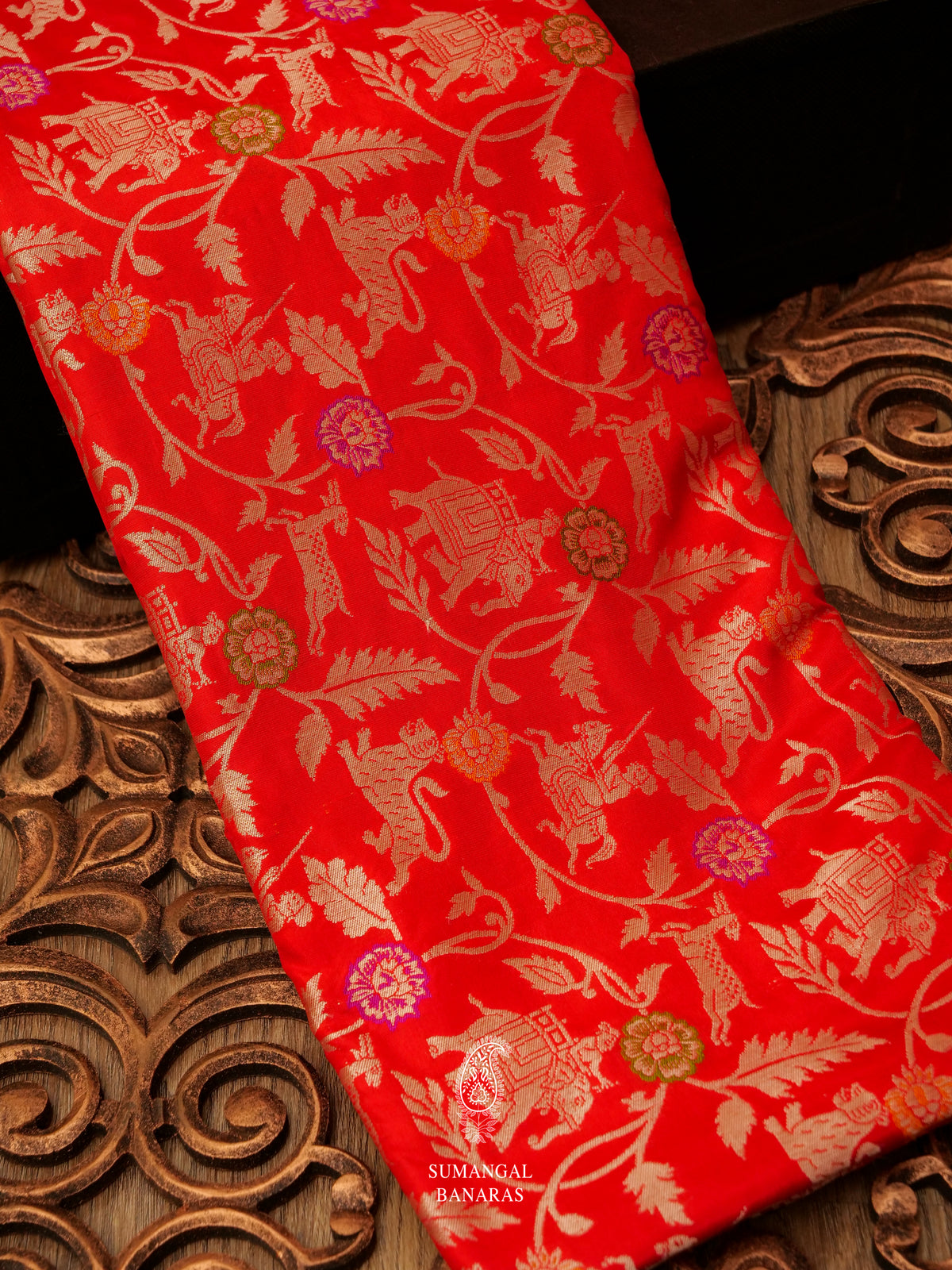 Handwoven Banarasi Shikargah Meenakari Classic Red Katan Silk Saree