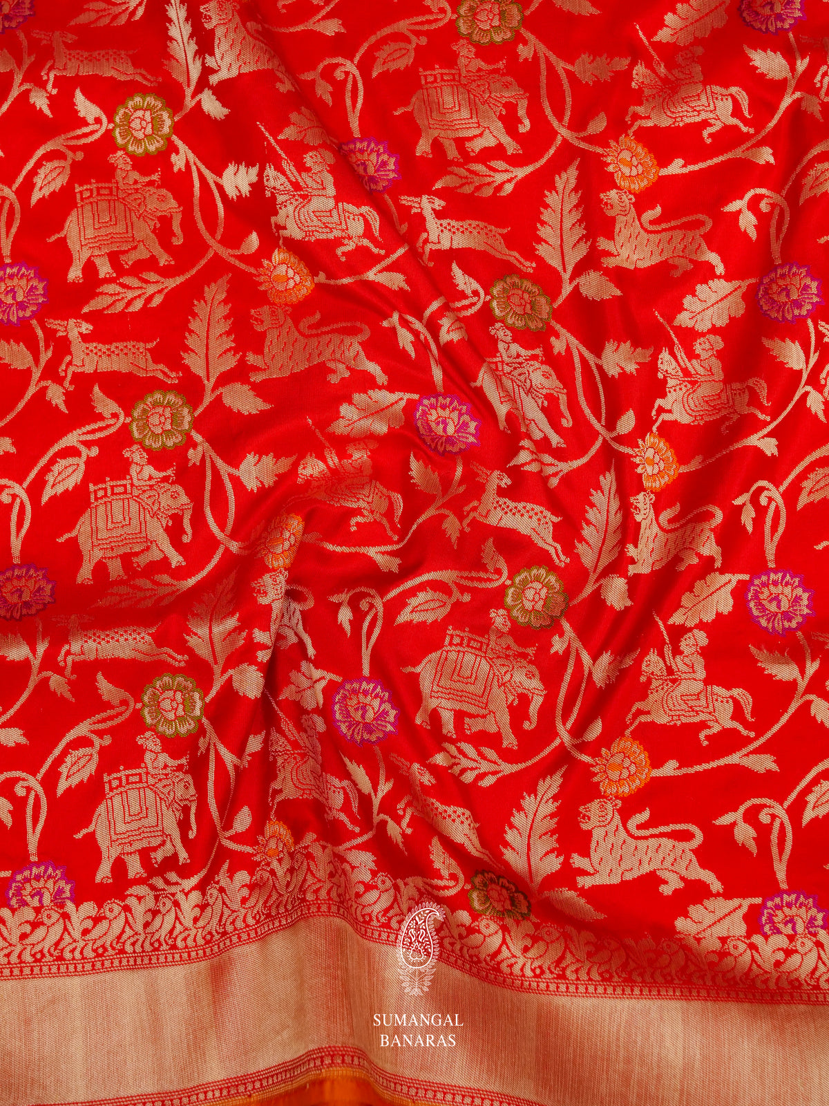 Handwoven Banarasi Shikargah Meenakari Classic Red Katan Silk Saree