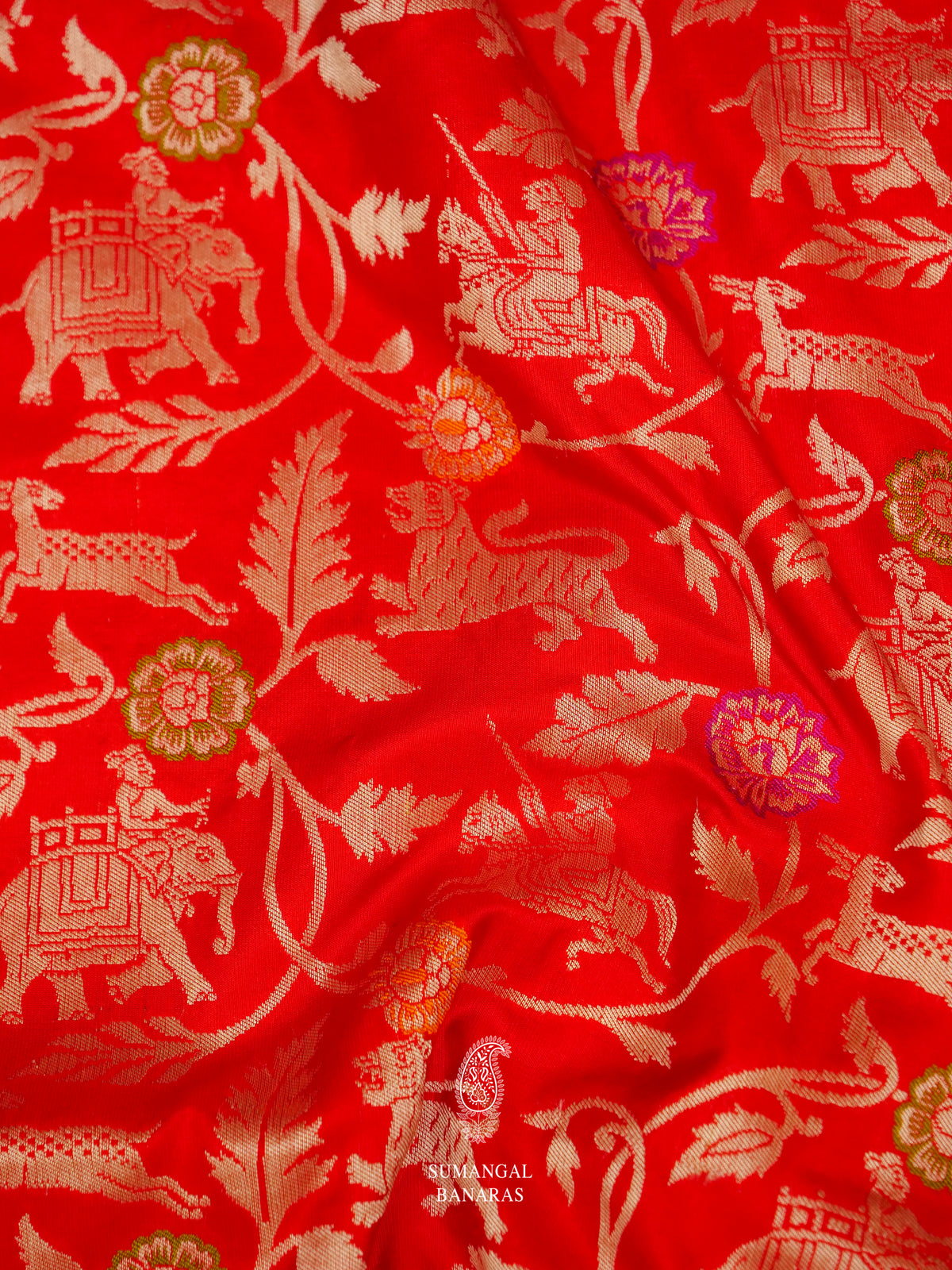 Handwoven Banarasi Shikargah Meenakari Classic Red Katan Silk Saree
