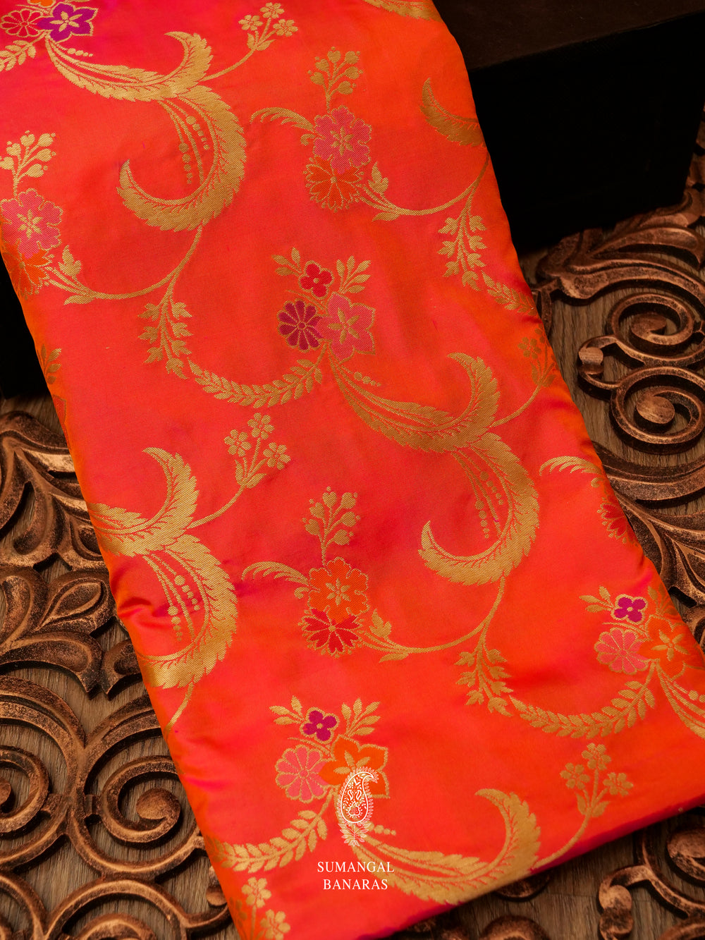 Handwoven Banarasi Meenakari Neon Peach Katan Silk Jaal Saree