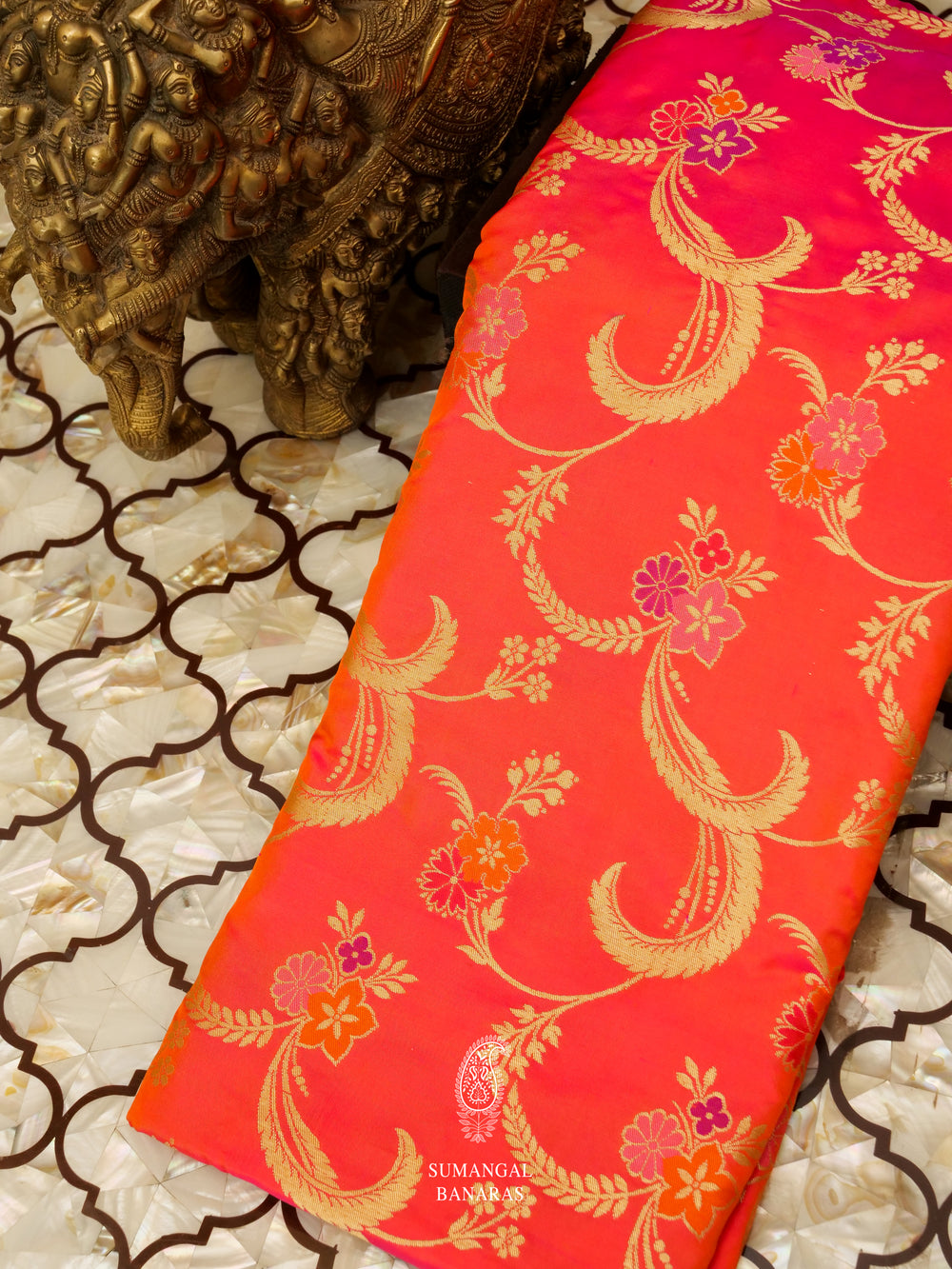 Handwoven Banarasi Meenakari Neon Peach Katan Silk Jaal Saree