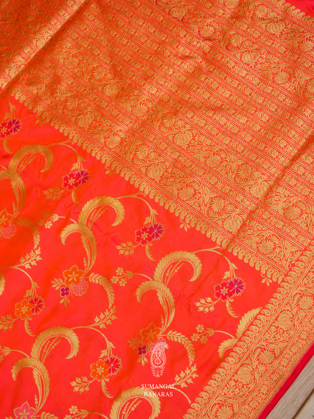 Handwoven Banarasi Meenakari Neon Peach Katan Silk Jaal Saree