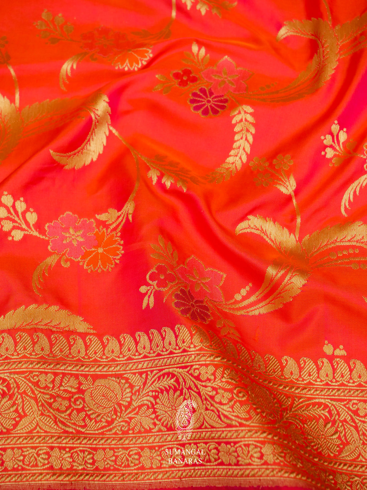 Handwoven Banarasi Meenakari Neon Peach Katan Silk Jaal Saree